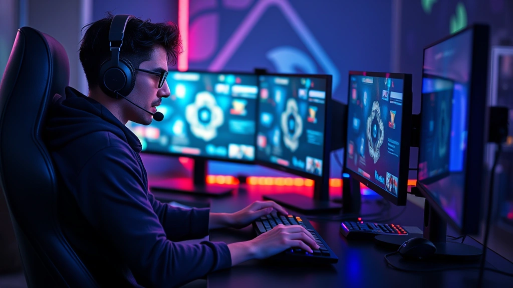 Professional gamer sitting at high-end gaming desk with multiple monitors, RGB lighting, mechanical keyboard and gaming mouse, intense focused expression during competitive match