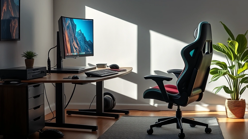Ergonomic gaming setup showing proper posture: monitor at eye level, feet flat on ground, wrists neutral on keyboard, quality gaming chair with lumbar support, natural lighting