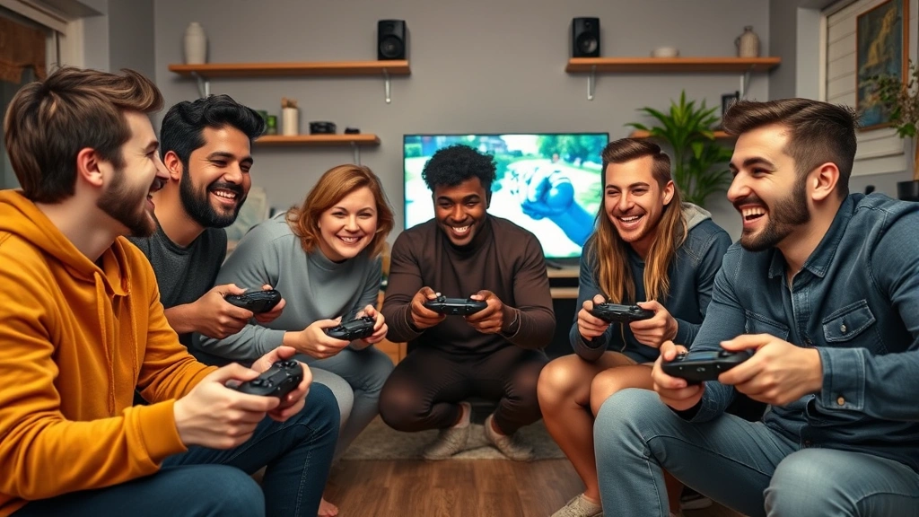 Diverse group of friends laughing together playing co-op video games on console, controllers in hands, cozy living room setting with gaming setup visible