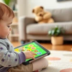 Toddler playing colorful educational tablet game with bright animated characters and simple touch-based interface in a cozy living room setting