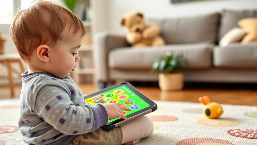Toddler playing colorful educational tablet game with bright animated characters and simple touch-based interface in a cozy living room setting