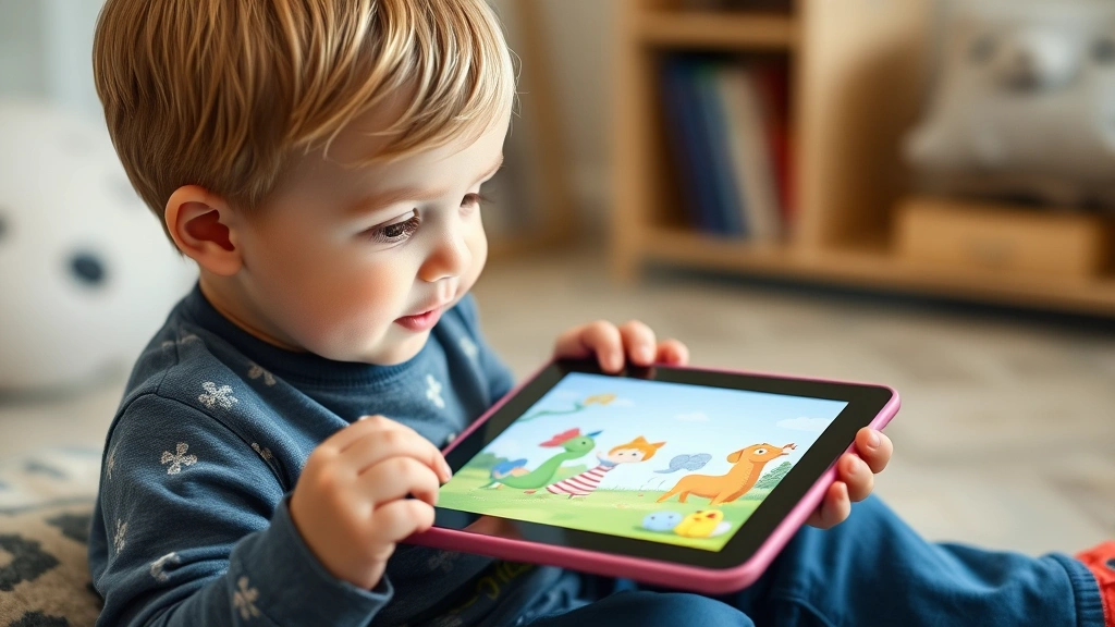 Three-year-old child engaged with interactive storybook app showing whimsical illustrations and animated elements on touch screen device