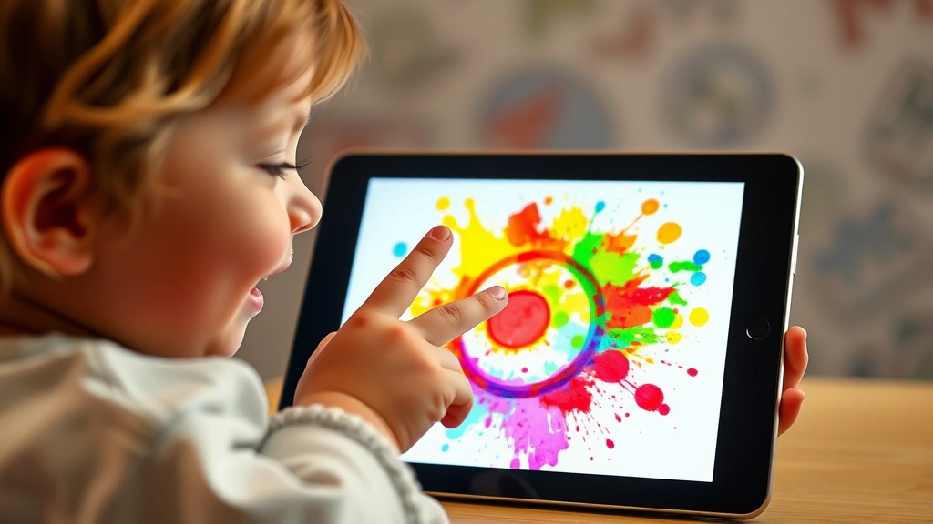 Young child creating digital art with finger painting app, rainbow colors spreading across tablet screen with joyful expression