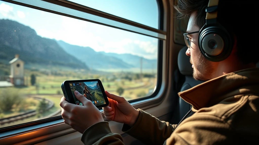A gamer holding a Steam Deck-like handheld device playing an action RPG, sitting on a train window with scenic landscape visible outside, natural lighting, immersed expression, photorealistic