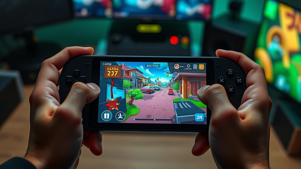 Close-up of hands holding a portable gaming device displaying vibrant indie game artwork, fingers on controls, gaming environment with blurred gaming setup background, detailed and photorealistic