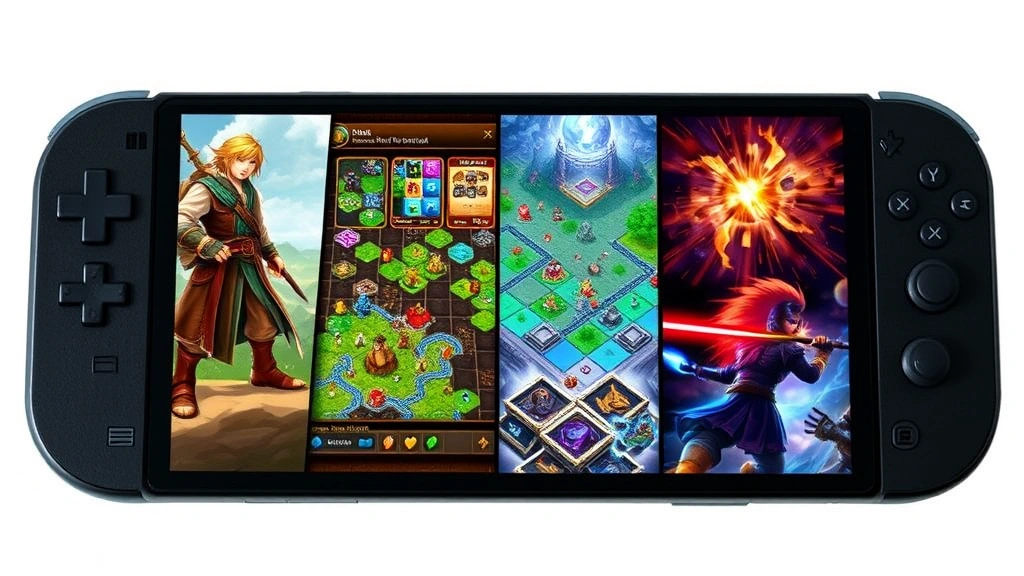 Split-screen composition showing diverse game genres on handheld screen: fantasy RPG character, puzzle game interface, strategy map, and action scene, all visible on single portable device display