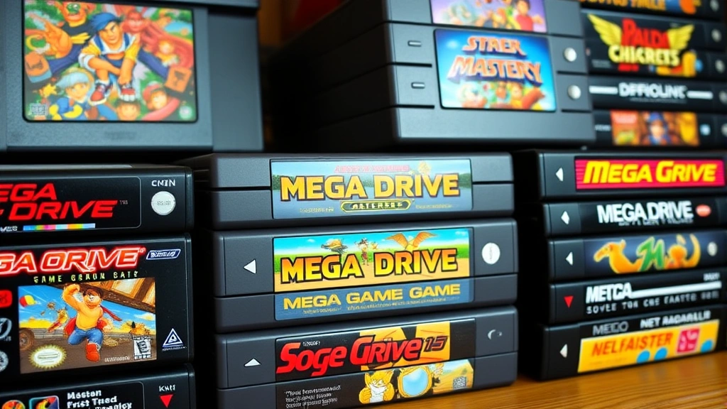 Vintage arcade-style gaming collection featuring stacked Mega Drive cartridges with colorful label artwork, vintage gaming memorabilia aesthetic
