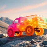 Colorful jelly truck made of translucent gelatin material bouncing over a rocky mountain landscape with rolling hills and scattered boulders in the background, photorealistic 3D render with vibrant lighting