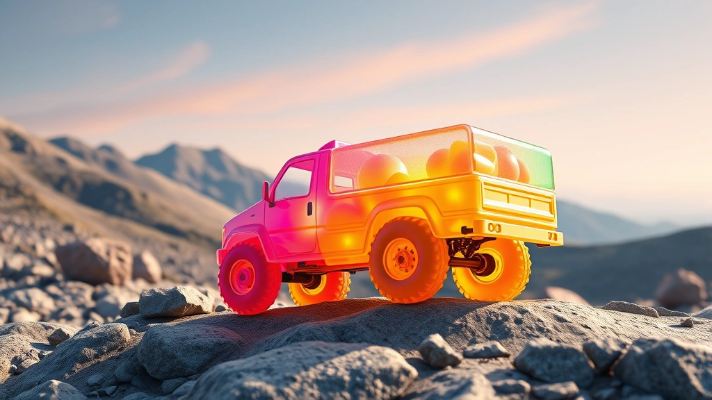 Colorful jelly truck made of translucent gelatin material bouncing over a rocky mountain landscape with rolling hills and scattered boulders in the background, photorealistic 3D render with vibrant lighting