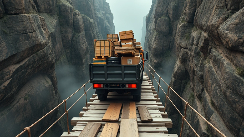 Close-up of a wobbly jelly truck with various cargo boxes stacked on its bed, driving across a narrow wooden bridge suspended over a canyon with misty depths below, photorealistic perspective