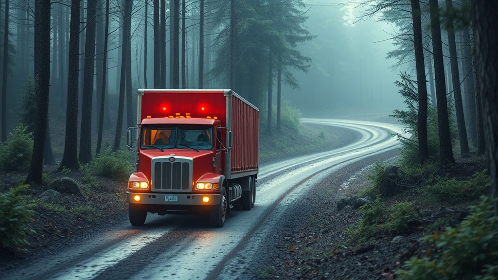Jelly truck navigating through a winding forest path with tight turns and obstacles, showing cargo shifting and truck deforming from physics interactions, photorealistic natural lighting