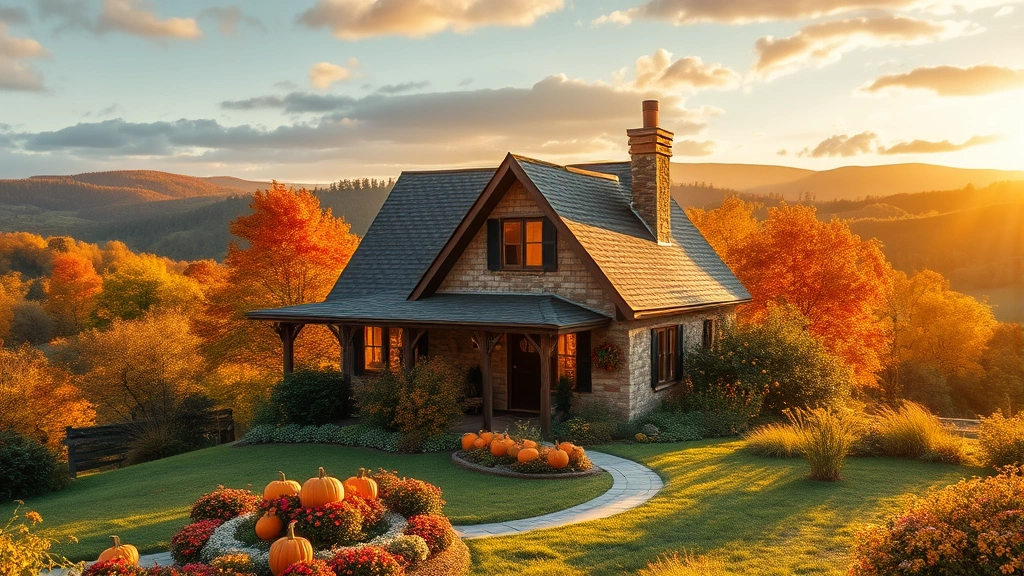A peaceful cottage surrounded by autumn trees and rolling hills, warm golden sunlight streaming through windows, cozy home interior visible inside, charming garden with pumpkins and flowers in foreground