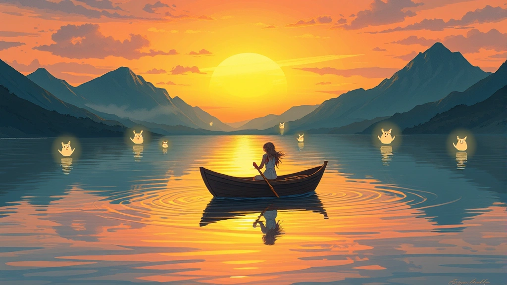 A character in a small boat on calm water at sunset, magical glowing spirits floating around, beautiful hand-drawn art style, peaceful water reflections, fantasy landscape with mountains in background