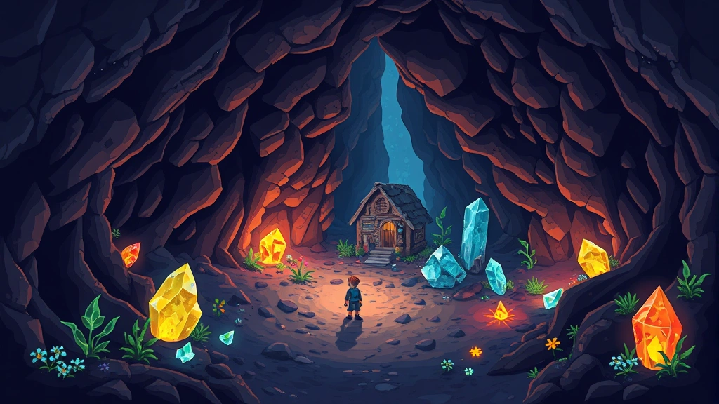 An underground mining cavern with glowing crystals and minerals, pixel art style, small character standing in cavern chamber, bioluminescent plants and rocks, cozy underground home visible in distance