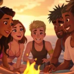 Close-up of a diverse group of animated characters in casual summer clothing having a conversation at a beach bonfire, warm golden hour lighting, expressive faces showing genuine emotion and connection