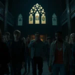 Cinematic horror scene with multiple characters in a dark mansion during night, photorealistic, dramatic lighting, teenage cast looking terrified but determined, interior Gothic architecture visible, no HUD or text