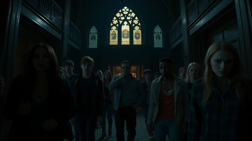 Cinematic horror scene with multiple characters in a dark mansion during night, photorealistic, dramatic lighting, teenage cast looking terrified but determined, interior Gothic architecture visible, no HUD or text