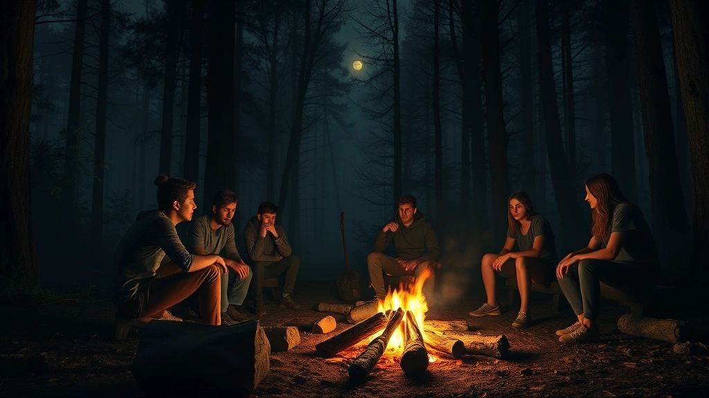 Group of young adults around a campfire at night in a forest clearing, supernatural atmosphere with mist, tension between characters shown through body language, moonlit trees in background, no UI elements