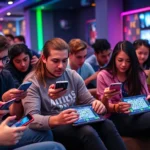 Diverse group of gamers playing word puzzle games on multiple devices including smartphones, tablets, and laptops, sitting together in a modern gaming lounge with colorful ambient lighting, focused expressions, casual gaming atmosphere