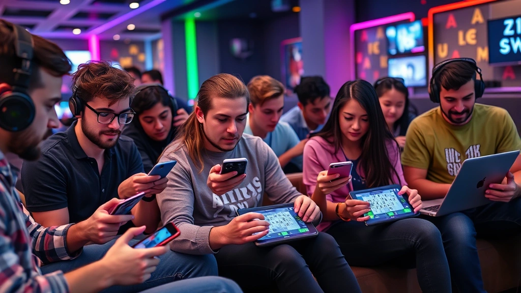 Diverse group of gamers playing word puzzle games on multiple devices including smartphones, tablets, and laptops, sitting together in a modern gaming lounge with colorful ambient lighting, focused expressions, casual gaming atmosphere
