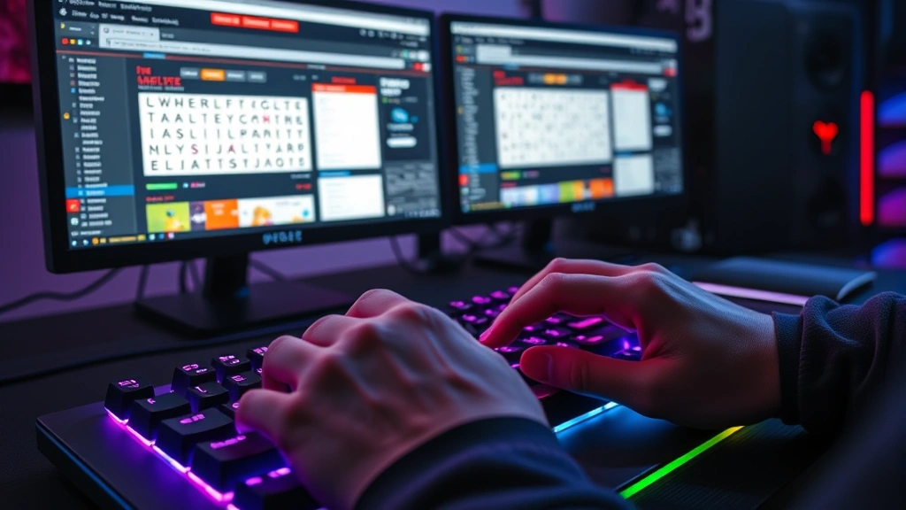 Close-up of hands on a keyboard with glowing RGB lighting playing competitive word games, multiple browser windows open showing different Wordle alternatives on monitors, intense gaming focus, esports-style setup