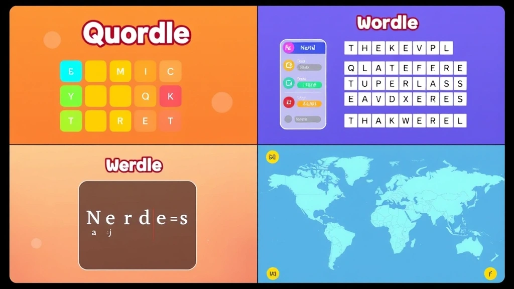 Split-screen showing different word game interfaces: Quordle's four grids, Waffle's crossword grid, Nerdle's equations, and Worldle's map, vibrant colors, educational gaming aesthetic, modern minimalist design