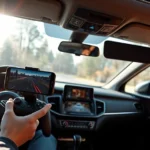 Professional gaming setup in a modern car interior with smartphone mounted on dashboard, person holding wireless controller, natural sunlight streaming through windows, realistic detailed environment