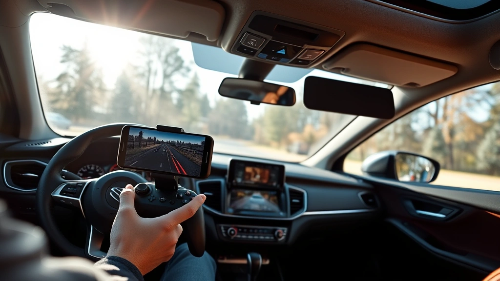 Professional gaming setup in a modern car interior with smartphone mounted on dashboard, person holding wireless controller, natural sunlight streaming through windows, realistic detailed environment