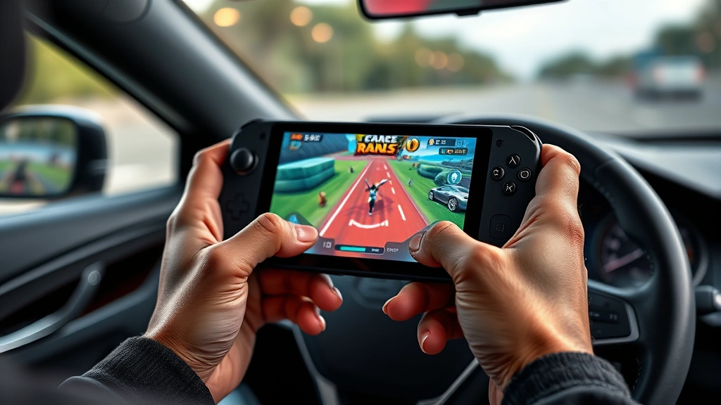 Close-up of hands holding portable gaming device with vibrant game display, comfortable grip position, dashboard and windshield blurred in background, photorealistic quality
