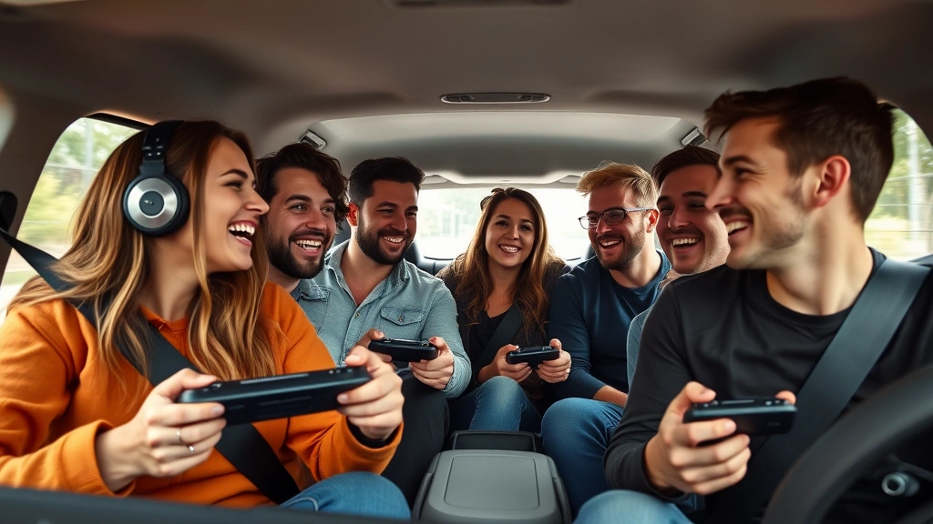Group of friends in vehicle playing multiplayer games together, laughing and engaged, holding controllers, happy atmosphere, real car interior with natural lighting