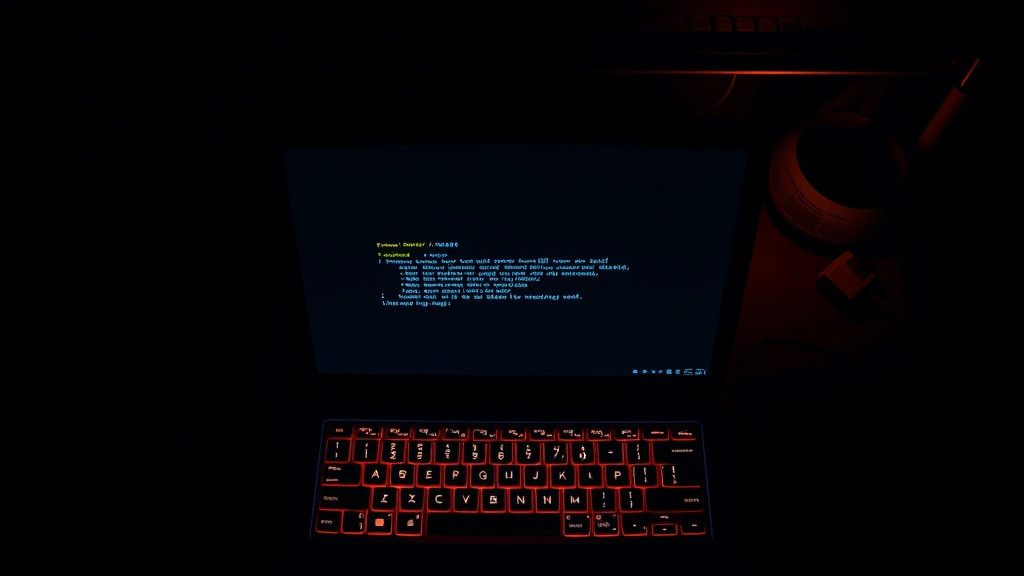 Atmospheric overhead shot of a laptop displaying glowing text on dark screen in dimly lit room, warm keyboard glow, immersive gaming environment