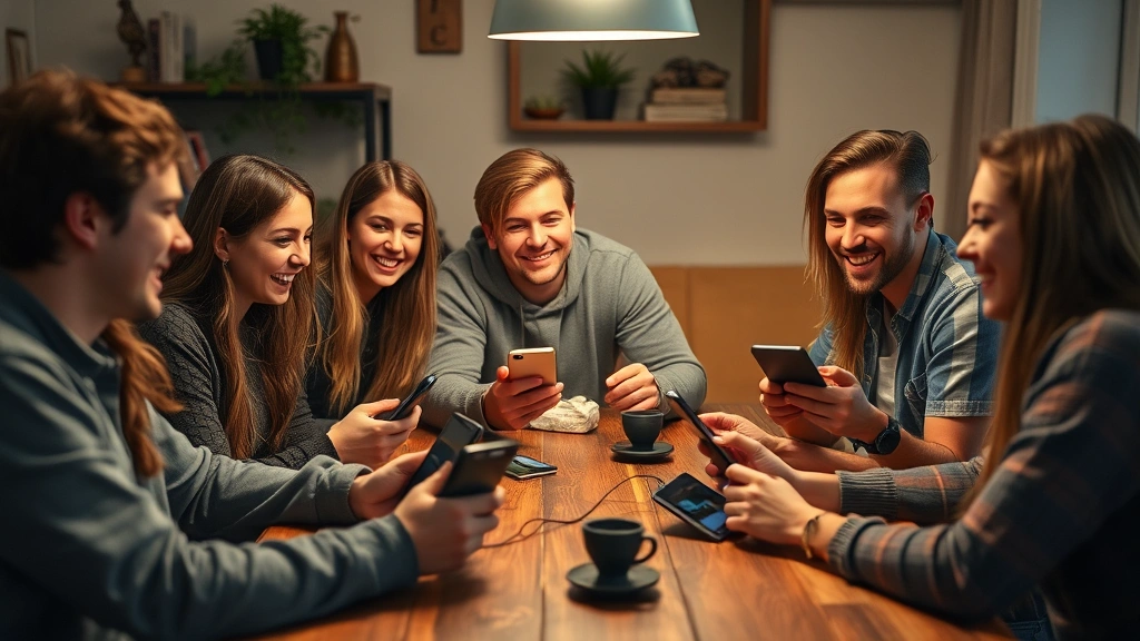 Diverse group of friends gathered around table with phones and tablets, laughing while playing text adventure game together, cozy casual gaming atmosphere