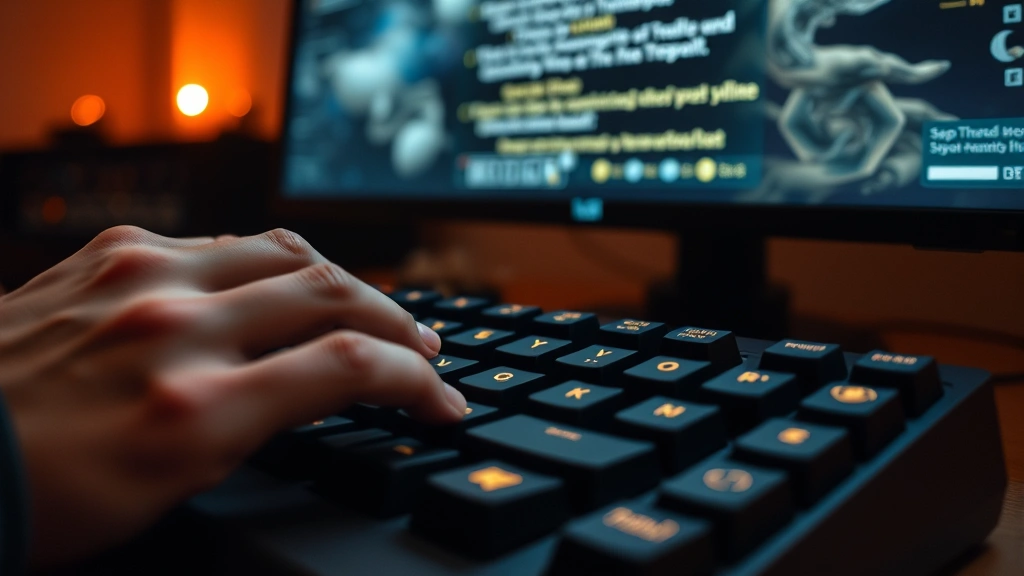 Close-up of hands typing on mechanical keyboard with ambient lighting, text-based game interface visible on monitor, focused gameplay moment