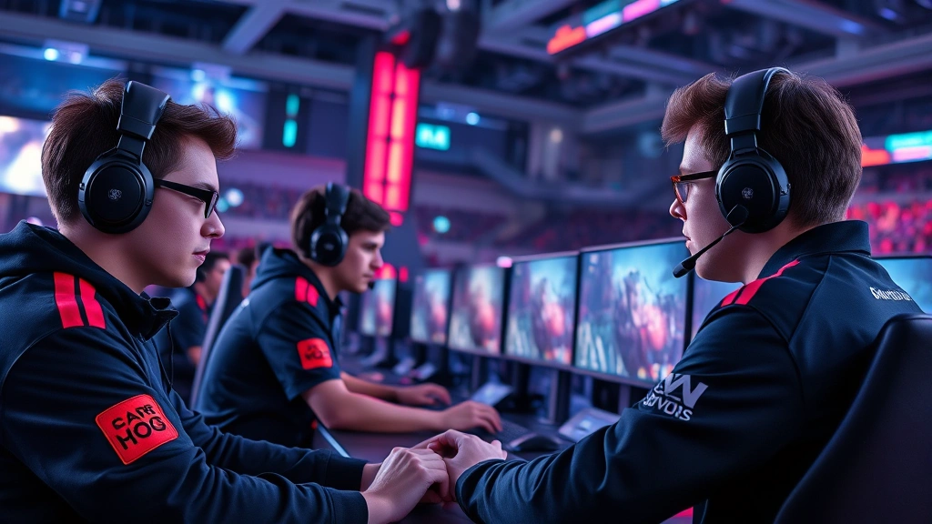 Professional esports team competing together on diverse gaming platforms, multiple monitors displaying different games simultaneously, focused players wearing headsets in modern gaming stadium, vibrant RGB lighting, cinematic photography