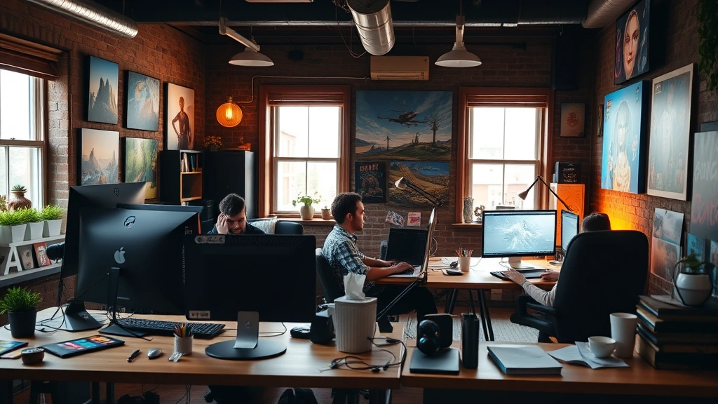 Indie game developer small team working collaboratively in cozy studio space, multiple developers at desks with creative tools, inspiring artwork and game assets on walls, natural lighting through windows, authentic creative atmosphere