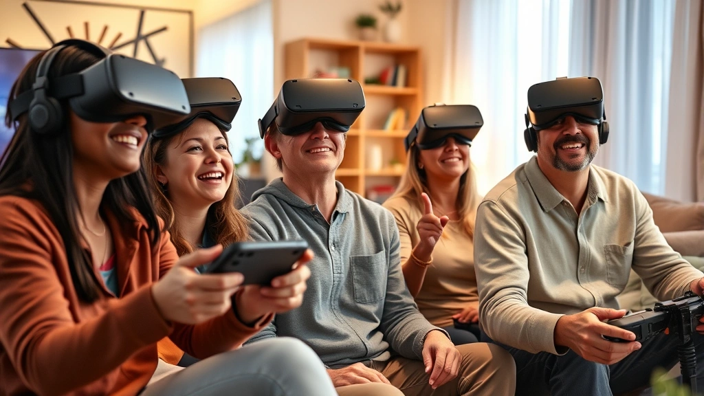 Mixed group of gamers of different ages and abilities enjoying VR gaming in living room, diverse people wearing VR headsets with genuine joy, modern home gaming setup, warm lighting, inclusive gaming community moment