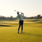 Professional golfer mid-swing on championship course with perfectly manicured fairway, soft afternoon lighting, realistic grass textures, no UI elements