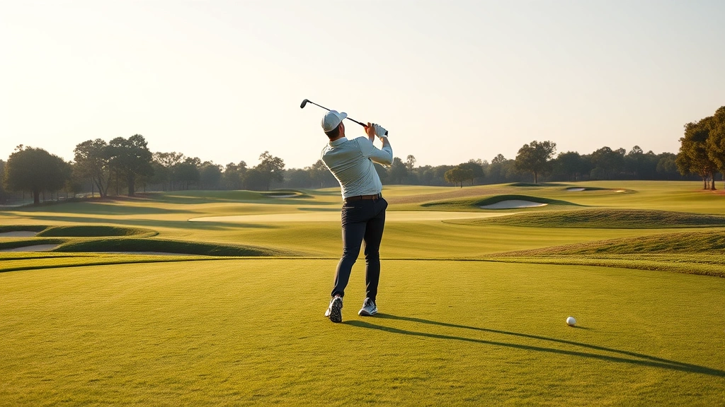 Professional golfer mid-swing on championship course with perfectly manicured fairway, soft afternoon lighting, realistic grass textures, no UI elements