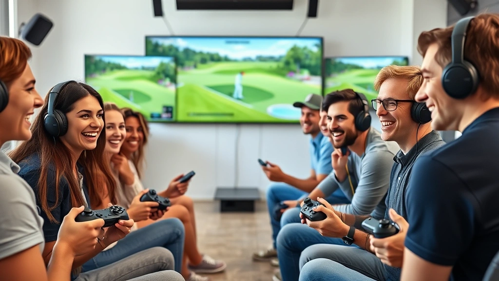 Diverse group of gamers holding controllers playing together in modern gaming room with multiple monitors displaying golf game footage, natural lighting, excitement on faces