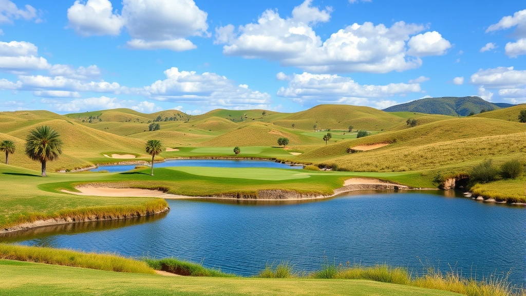 Picturesque golf course landscape with rolling hills, water hazards, sand bunkers, blue sky with clouds, realistic environmental details, no game menus or text