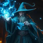 A wizard character casting a glowing blue spell with intricate magical particles and arcane energy swirling around them in a fantasy dungeon environment, photorealistic lighting and detailed spell effects