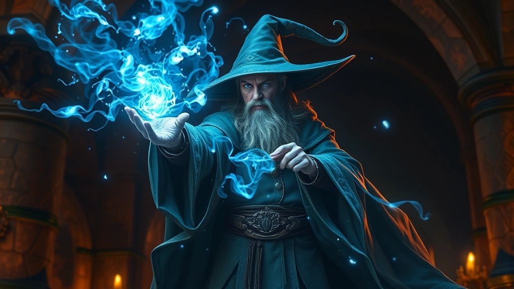 A wizard character casting a glowing blue spell with intricate magical particles and arcane energy swirling around them in a fantasy dungeon environment, photorealistic lighting and detailed spell effects