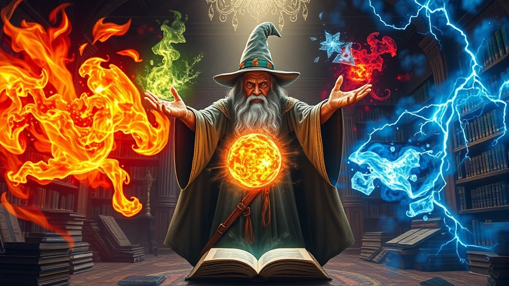 A powerful wizard surrounded by multiple elemental spell effects including fire, ice, and lightning simultaneously, standing in an ancient magical library with floating books and mystical auras