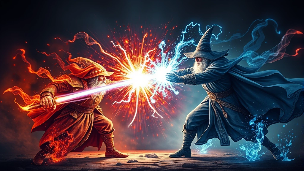 An epic wizard duel scene with two wizards casting opposing spells creating a collision of magical energy, vibrant colors and dramatic particle effects in a dark fantasy setting