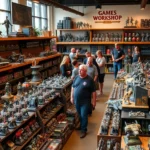 Vibrant Games Workshop store packed with miniature display armies, colorful painted Warhammer 40K models on shelves, enthusiastic hobbyists examining intricate dioramas, natural lighting from storefront windows, bustling community atmosphere, photorealistic detail of miniature craftsmanship
