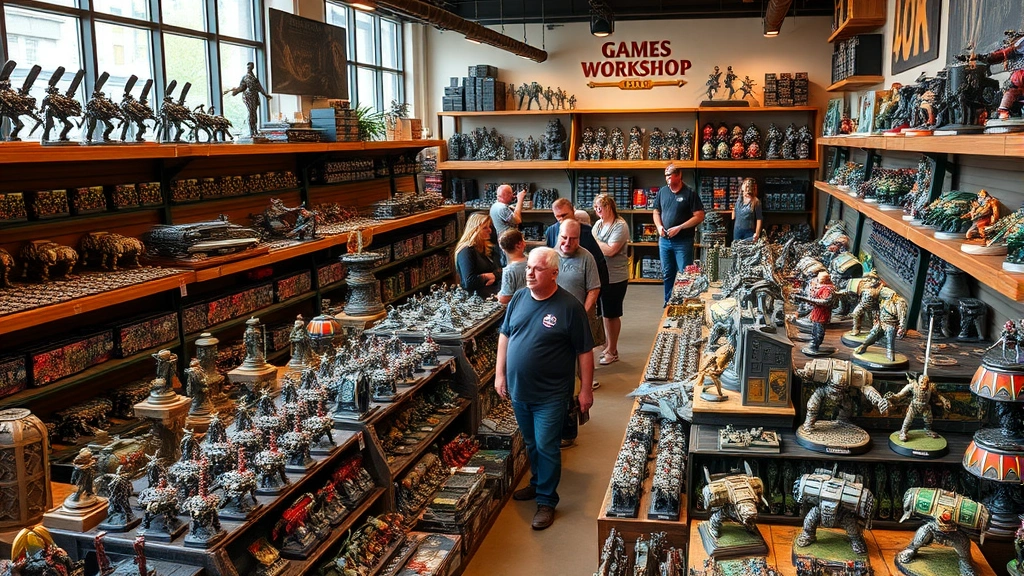 Vibrant Games Workshop store packed with miniature display armies, colorful painted Warhammer 40K models on shelves, enthusiastic hobbyists examining intricate dioramas, natural lighting from storefront windows, bustling community atmosphere, photorealistic detail of miniature craftsmanship