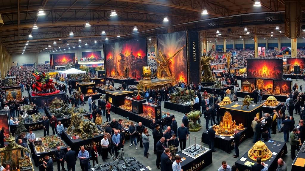 Massive Warhammer Fest exhibition hall with thousands of attendees, towering display armies featuring Space Marines and Chaos forces, elaborate painted dioramas, crowds gathering around demonstration tables, professional lighting illuminating showcase miniatures, vibrant hobby community energy