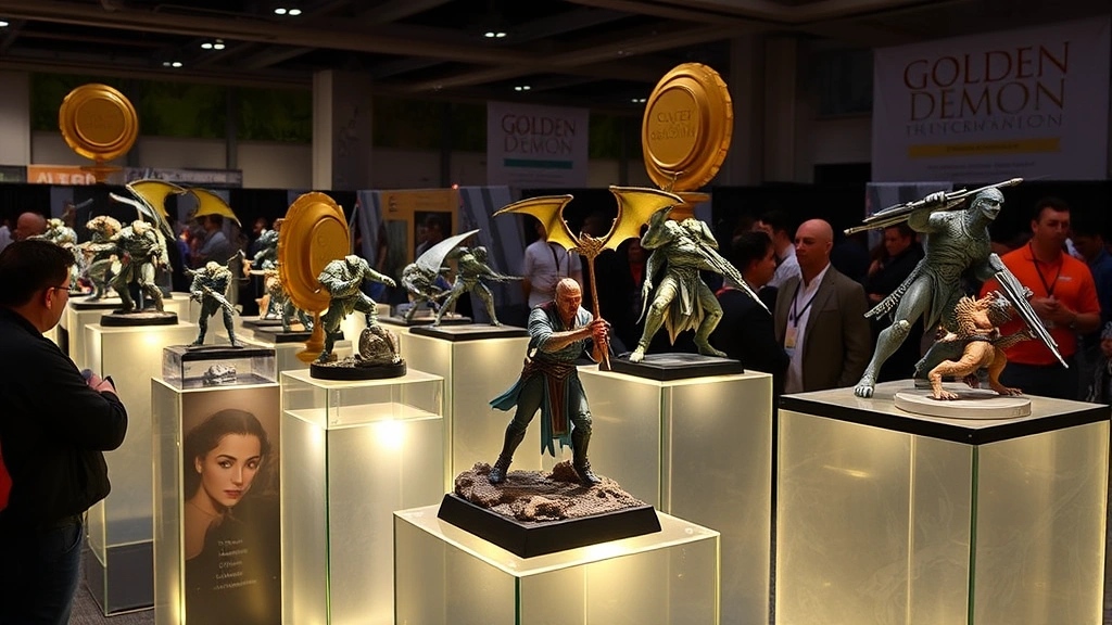 Golden Demon painting competition showcase featuring award-winning miniatures on illuminated display pedestals, expertly painted fantasy creatures and sci-fi soldiers in dramatic lighting, visitors admiring intricate detail work, professional photography setup, celebration of miniature painting excellence