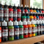 Vibrant collection of Citadel paint bottles arranged on wooden shelf with natural lighting, showing various colors and finishes in organized display