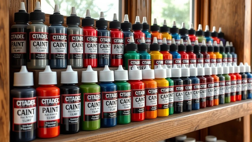 Vibrant collection of Citadel paint bottles arranged on wooden shelf with natural lighting, showing various colors and finishes in organized display